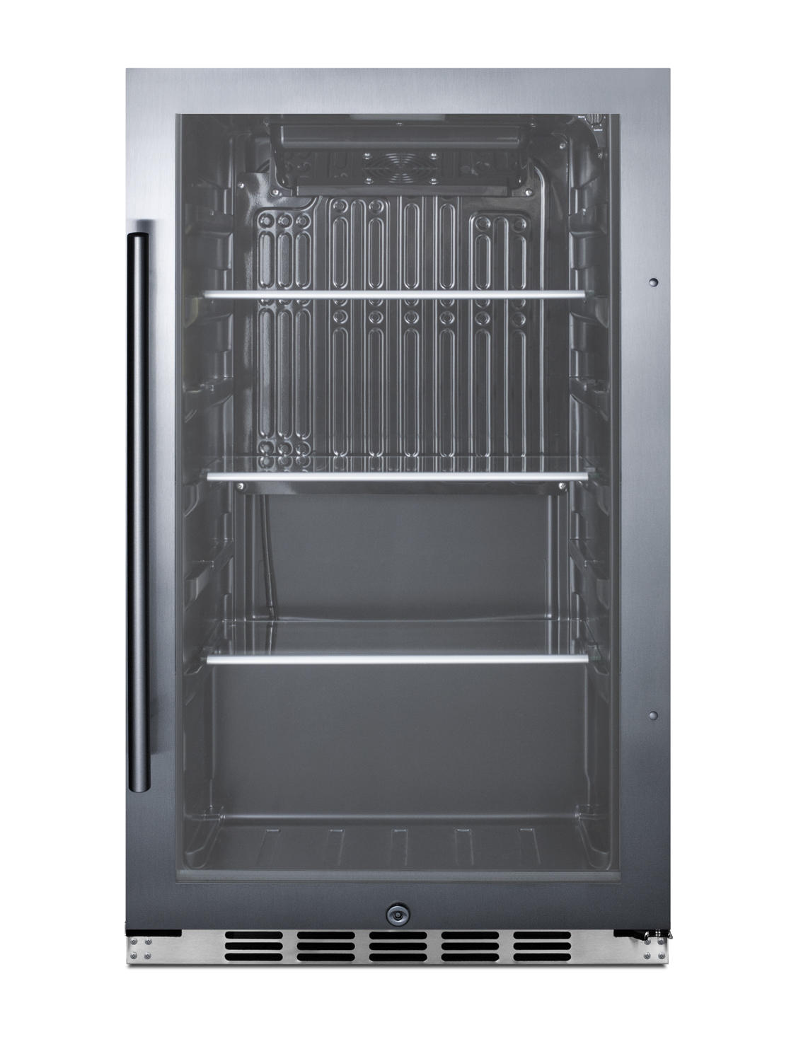 Commercially approved indoor/outdoor beverage cooler for built-in or freestanding use with a shallow 17.75